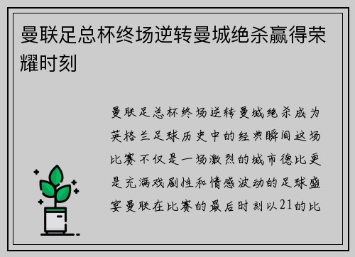 曼联足总杯终场逆转曼城绝杀赢得荣耀时刻 曼联足总杯终场逆转曼城绝杀赢得荣耀时刻